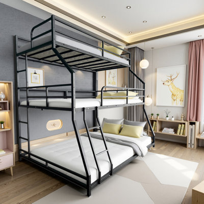 Triple Bed In Black, Long And Short , Space - Saving, Modern Look, Ideal For Small Bedrooms Black Metal Bed, Easy To Assemble, Built Ladders, Saving Rooms