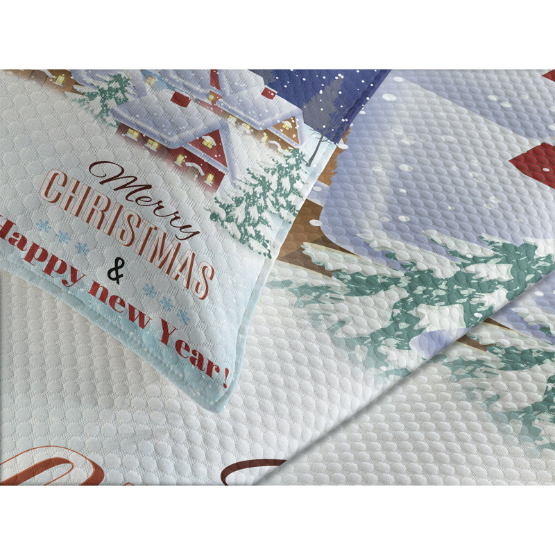 King Size White Quilted Christmas Bedspread Set