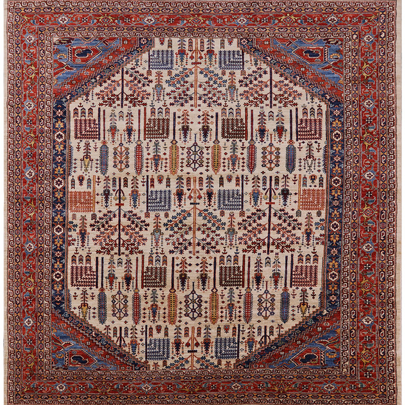 Tapis à motif oriental rouge / ivoire, Carré 6 pi