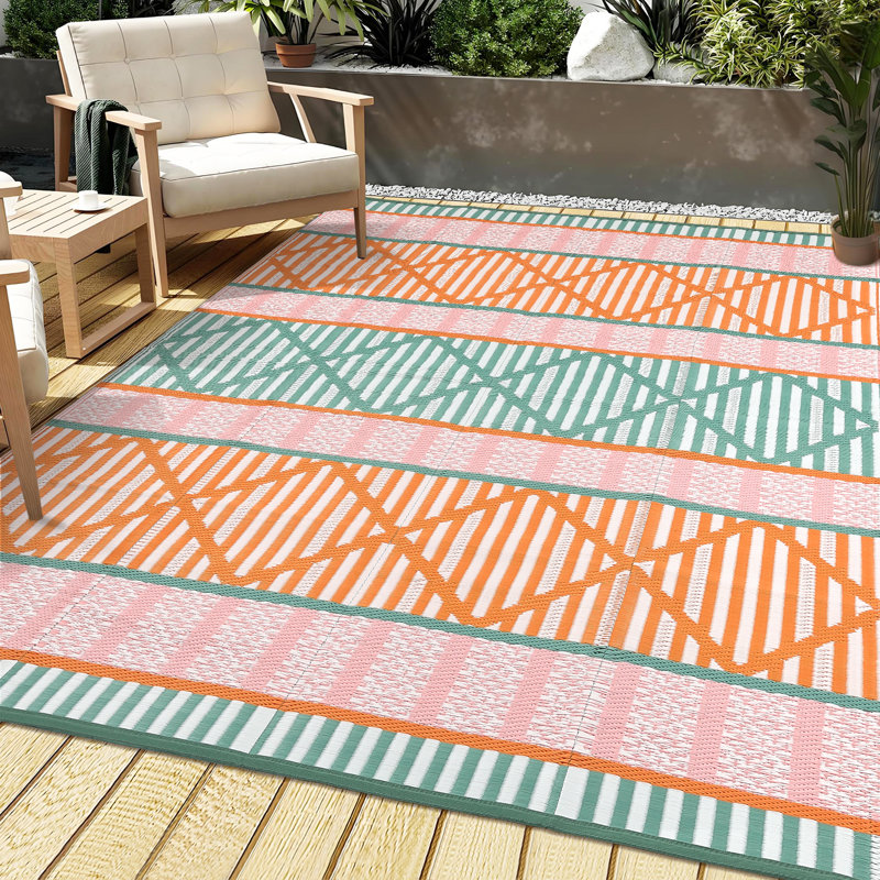 Boho Outdoor Rug Waterproof Reversible Plastic Straw Mat – Collapsible, Durable, Easy to Clean, for Patio, Deck, Balcony, Backyard, Porch, RV Camping