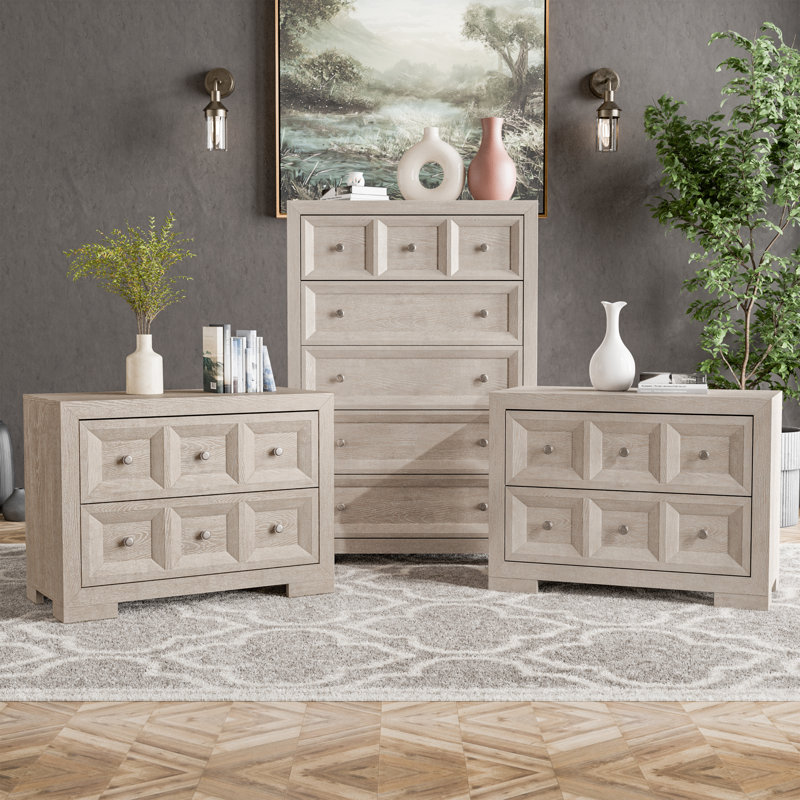 Ensemble de tables de chevet et commodes 3 pièces 2 tiroirs Schell, Beige