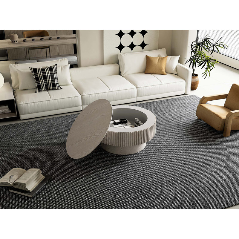 Table basse ronde moderne avec rangement caché et placage en bois massif