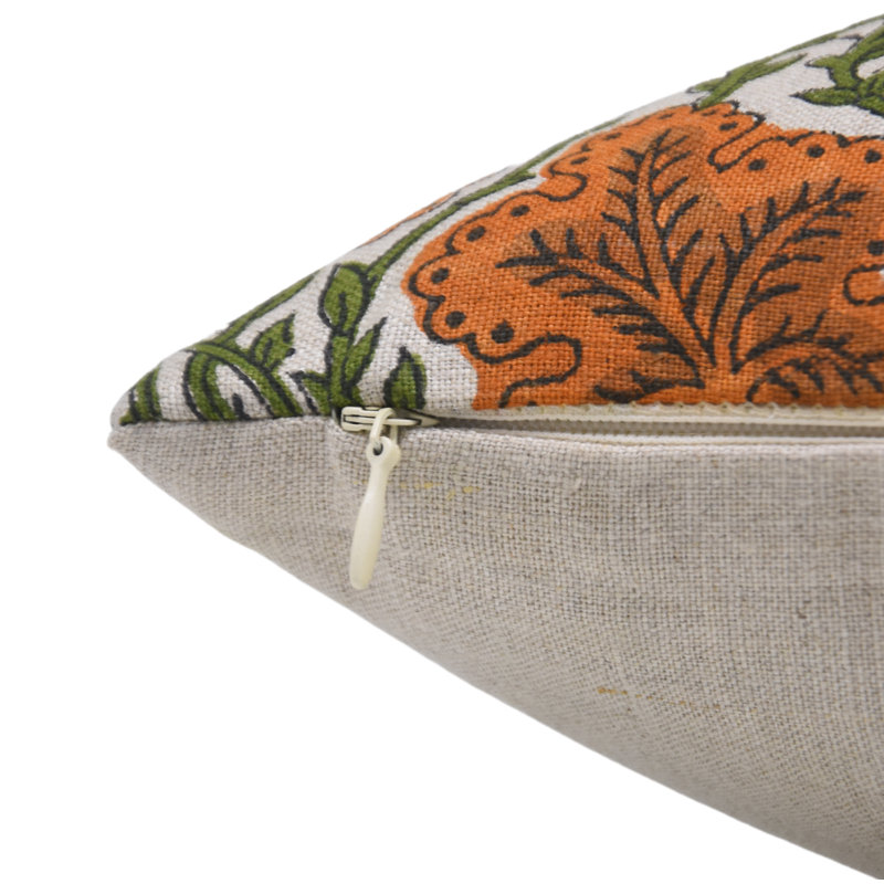 Housse de coussin en lin pur à imprimé bloc, coussin fait à la main artisanal 16 x 16 pouces Pushap Samita, orange