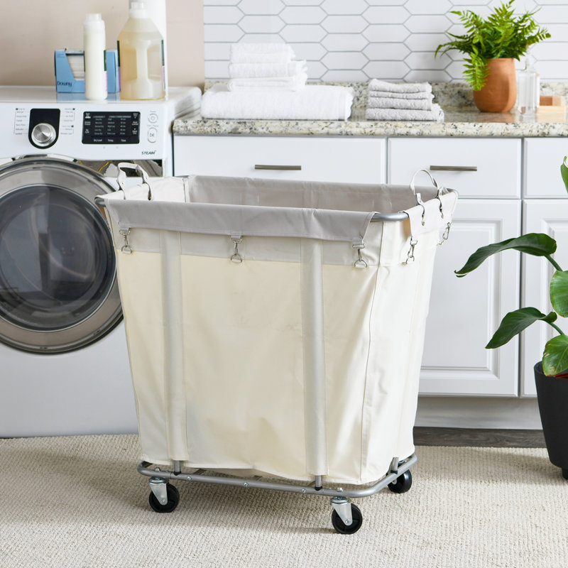 Natural Canvas and Silver Frame Rolling Laundry Hamper with Wheels