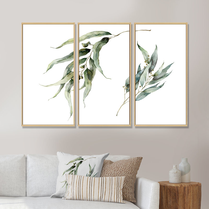 «Minimalistic Eucalyptus Branches», ensemble de 3 impressions sur toile, Encadrement brun, H 32 po x l 48 po x P 1 po
