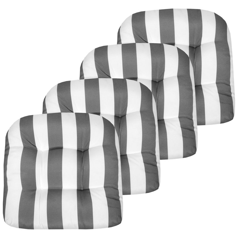 Stripe Patio Cushions Indoor/Outdoor Chair Pad Cushions, Thick Fiber Fill Tufted 19" x 19", Silver/White Polyester, 4