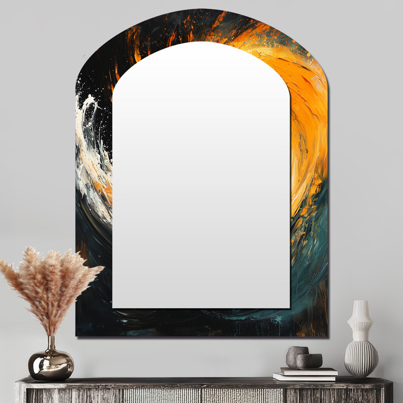 Yellow And Black Auroras Fractal Edge III - Abstract Spirals Asymmetrical Decorative Wall Mirror, Modern Arch Mirror, Printed Metal Art