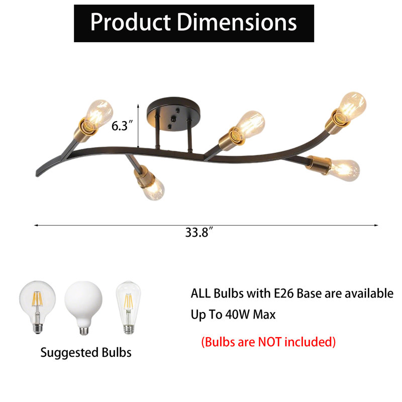 Plafonnier semi-encastré Modern Sputnik (noir et or), H 6,3 po x l 33,8 po x P 6,3 po