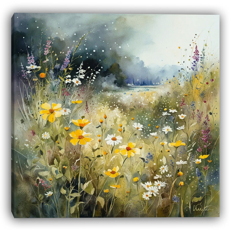 Golden Morning Wildflower Meadow - Art mural sur toile tendue, H 20 po x l 20 po