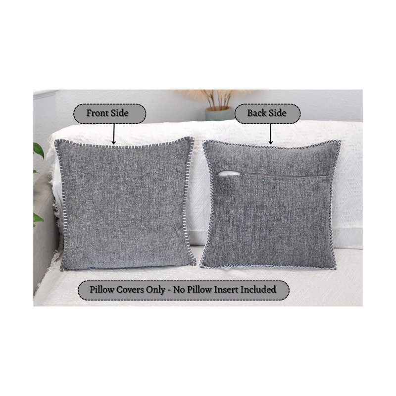 Gray Chenille Square Throw Pillow Covers with Piped Edges, Set of 2