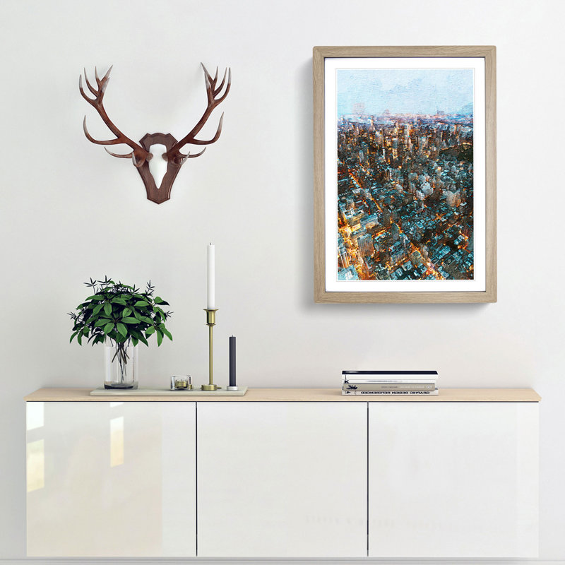 Above New York City In Abstract - Single Picture Frame Painting, Oak Framed, 33cm H x 24cm W x 2cm D