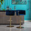 2 tabourets de bar, hauteur réglable par des moyens mécaniques, velours bleu marine, pieds dorés, repose-pieds et base en velours, mécaniquement