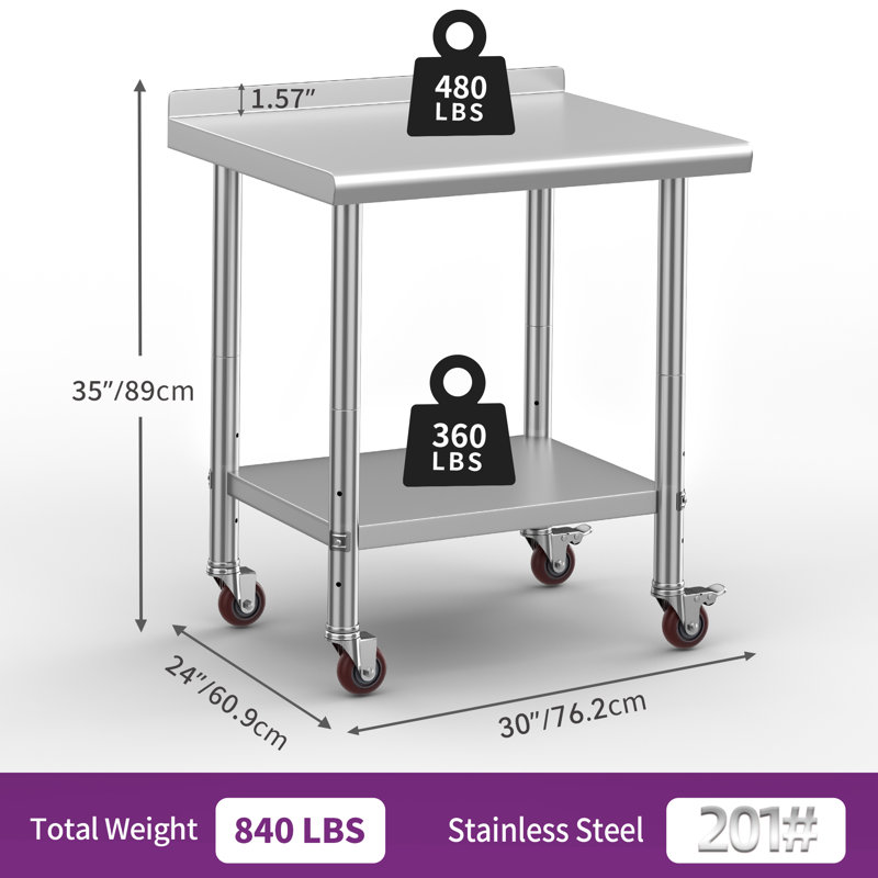 Stainless Steel Work Table with Wheels, 35" H x 30" L x 24" W