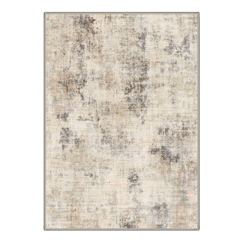 Pavelina Modern Distressed Abstract Machine Washable Beige / Grey Indoor Area Rug with Non-Slip Backing, Rectangle 6' x 9'