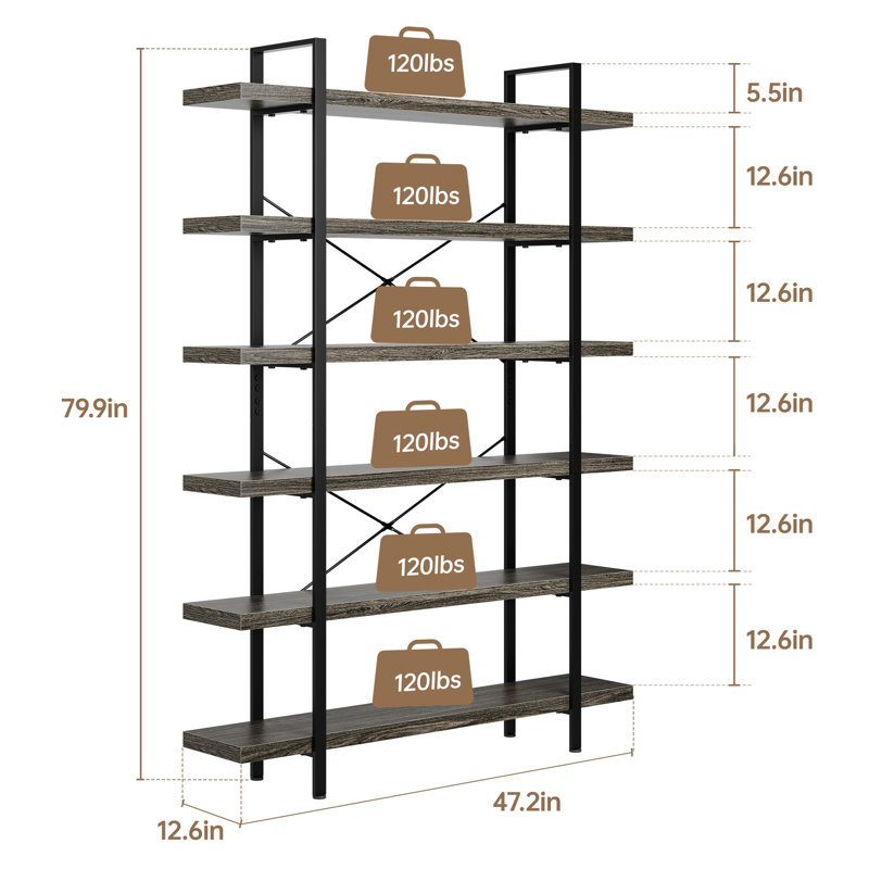 Heavy Duty Industrial Bookcase, 47" Wide Wood Bookshelf for Home Office, 120lbs Shelf Capacity, Rustic Shelving Display with Reinforced Horizontal Shelf for Living Room Bedroom,Grey