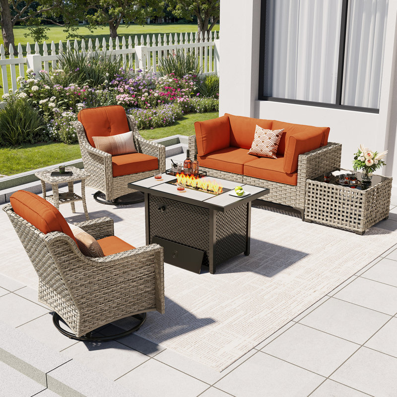 High Density Pe Cane Outdoor Sofa With Stove And Swivel Chair, Orange Stripe