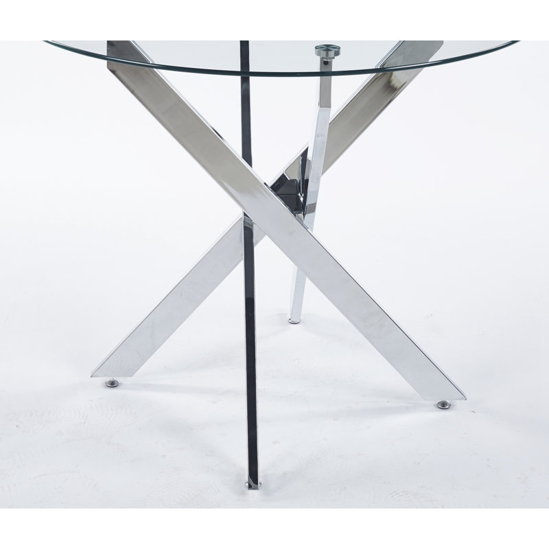 Table basse avec pieds en métal croisés et plateau en verre trempé, Argent argent