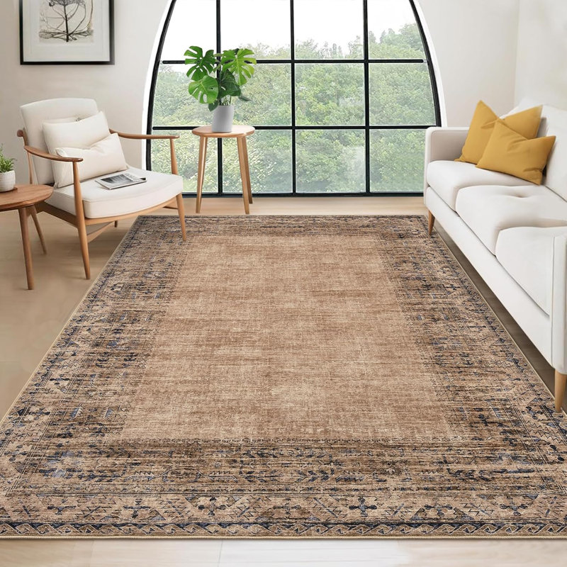 Washable Vintage Border Runner Rug Non-Slip Low Pile Stain-Resistant Boho Throw Carpet for Kitchen Hallway Living Room Bedroom Taupe/Brown.