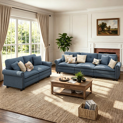 2-Piece Upholstered Living Room Set with Sofa and Loveseat, Oversized Deep Seat Modular Couch in Linen-Look with Nailhead Trim