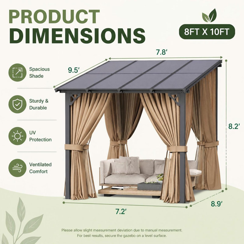 Pavillon de jardin mural 8 pi x 10 pi avec toit en polycarbonate et rideaux d'intimité