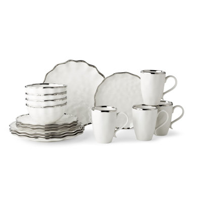 Regency Silver 16-Piece Porcelain Dinnerware Set for 4 – Sophisticated Silver-Accent Plates, Bowls & Mugs – Durable, Dishwasher-Safe Tableware for Everyday Dining & Elegant Entertaining