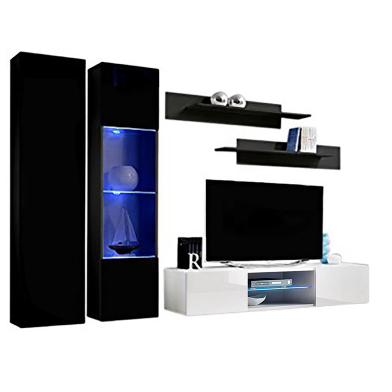 100" Modern Floating Wall Mounted Entertainment Center with 16-Color LED Lighting, High Gloss Finish, Black/White