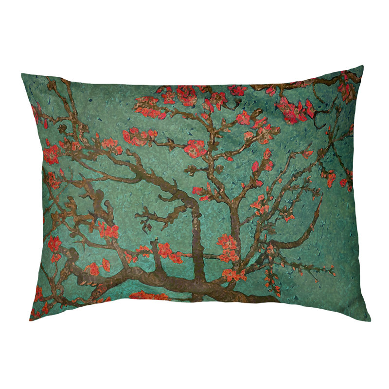 Coussin de concepteur de fleurs d’amande Burk, L 19,5 po x l 29,5 po, Vert / rouge / brun foncé