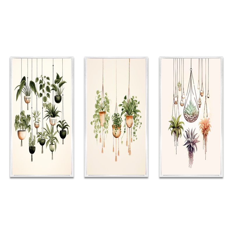 «Hanging Decorative Botanical Boho Plants II», 3 pièces sur toile, Cadre flottant blanc, H 40 po x l 60 po