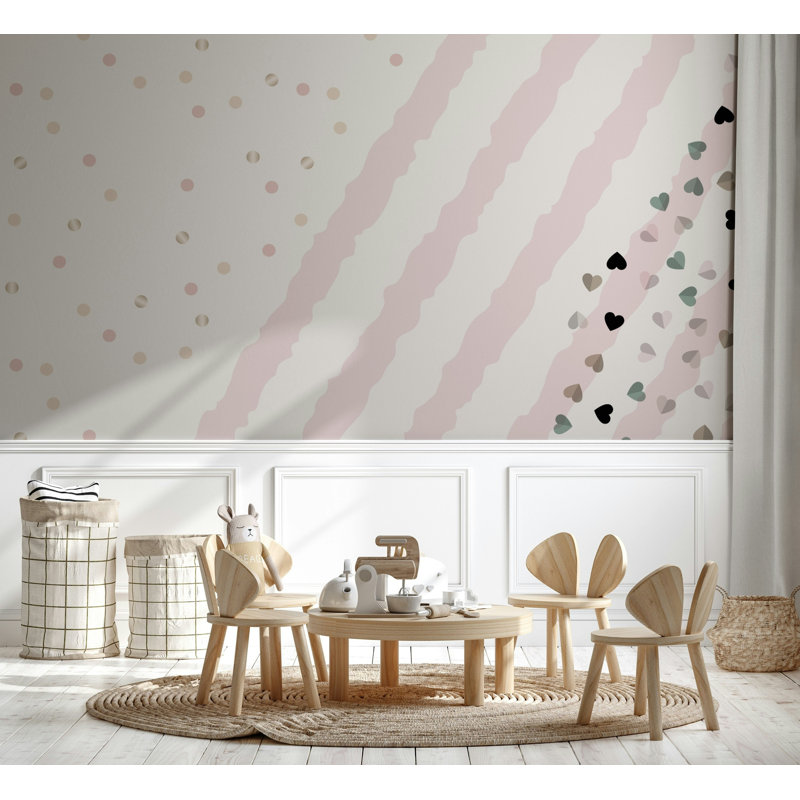 Pink Stripe Hearts and Confetti Kids Wallpaper, 106"L x 187"W