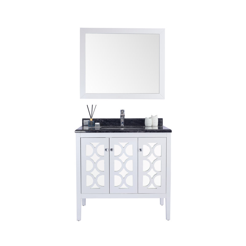 Caballero 36'' Single Bathroom Vanity with Stone Top, White, Black Wood