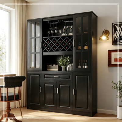 Armoire de cuisine avec porte-bouteilles et porte-verres, armoire de rangement à 4 portes et tiroir