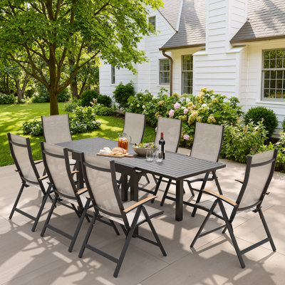 Ensemble de salle à manger de patio pour 4 à 10 personnes en aluminium avec table extensible et fauteuils inclinables pliés