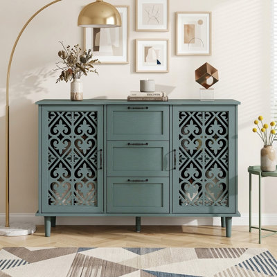 Meuble de style américain traditionnel autoportant de 40 cm de largeur, à 2 portes et 3 tiroirs, avec portes sculptées et fini vert foncé