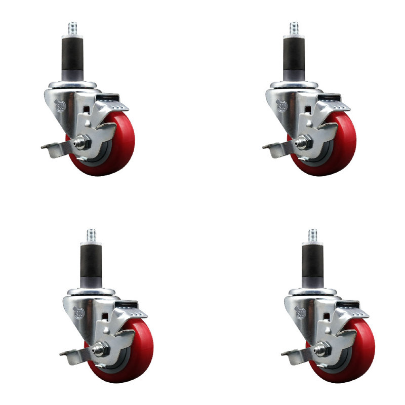 Ensemble de roulettes extensibles en poly pivotant rouge de 3 pouces 1-1 / 4 pouces avec frein SCC