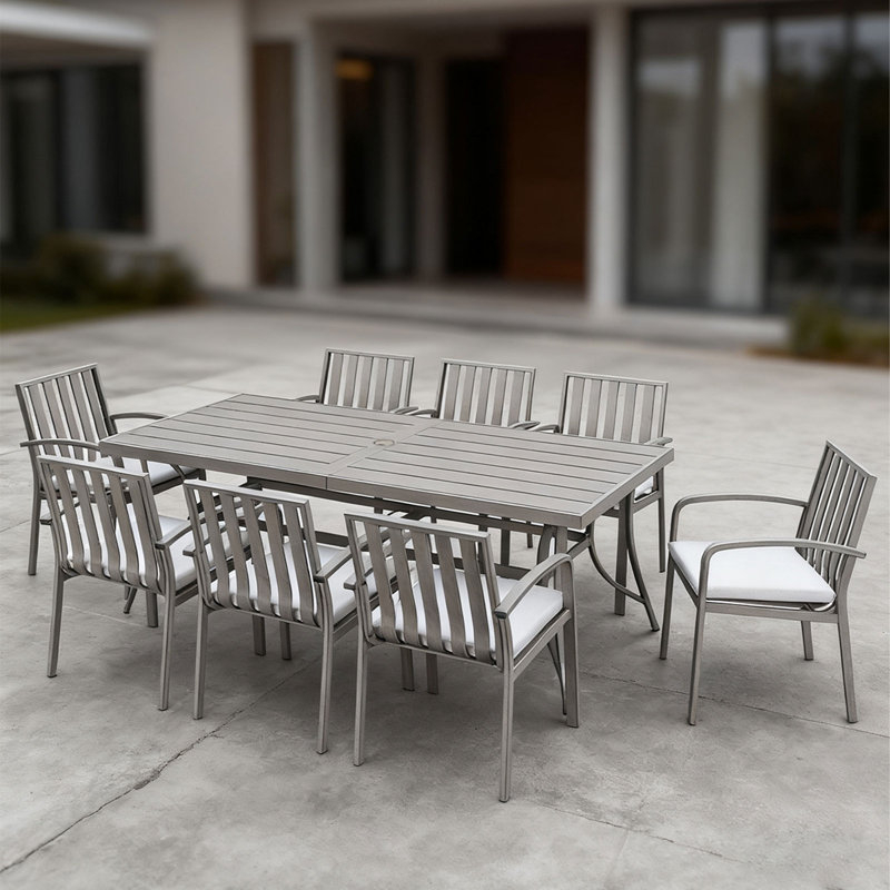Table de salle à manger en aluminium pour 8 personnes, table de patio rectangulaire avec trou pour parasol 2,2 po, table de salle à manger pour 8 personnes pour terrasse, jardin, bord de piscine, chêne chaulé