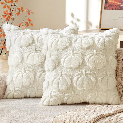 Housses de coussin automnales citrouille, 61 x 61 cm, blanc crème, ensemble de 2, pour la maison. Taies d'oreiller décoratives de style ferme, en fausse fourrure douce. Idéales pour la véranda, le canapé, le lit ou le salon.