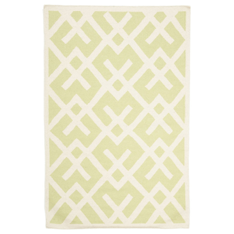 Crawford Hand Woven Flat Weave Wool/Cotton Geometric Rug in Ivory/Light green, Rectangle 4' x 6'