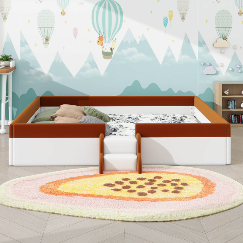 Upholstered Daybed Frame With Fence And Stairs, Brown/White, King