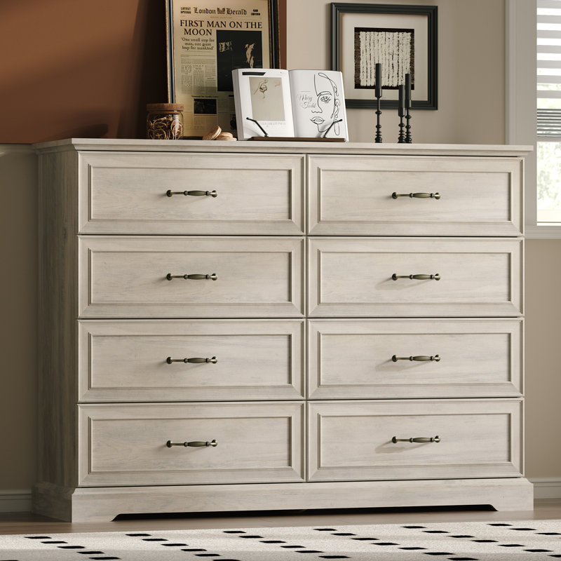 8-Drawer Farmhouse Dresser, 54" Wide Rustic Wood Chest of Drawers with Deep Drawers & Bar Handles, TV Stand & Storage Organizer for Bedroom, Living Room