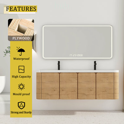 Meuble-lavabo mural de 60 pouces avec lavabo en résine et 4 portes à fermeture en douceur, design écologique et élégant pour salles de bains modernes