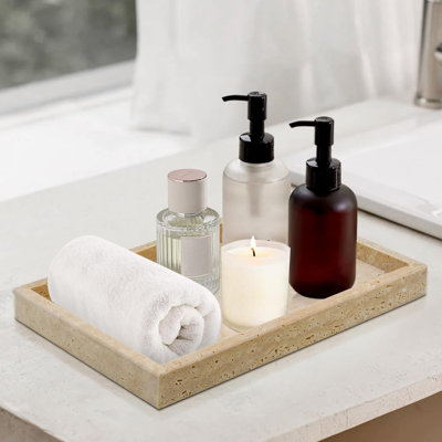 12x8 Inch Travertine Vanity Tray, Non-Ceramic Non-Resin Marble Decorative Tray for Bathroom Perfume