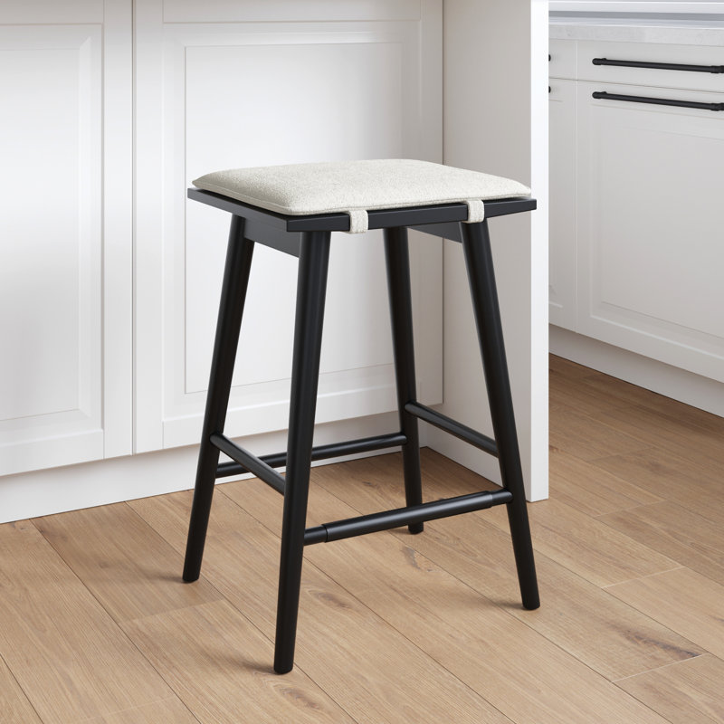 Tabouret de bar en bois sans dossier à hauteur de comptoir avec coussin amovible, Noir, noir, noir, noir, Crème Boucle, 1
