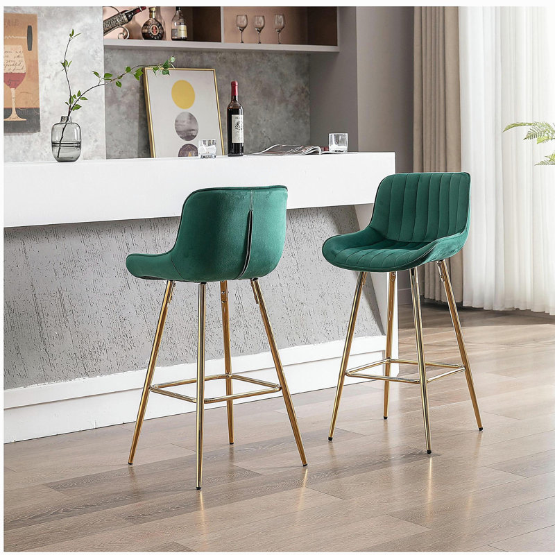 26 Inches, 2 Bar Chairs, with Chrome Foot Pads Velvet Material Bar Stool, Golden Legs Simple Bar Stool, Green, Green