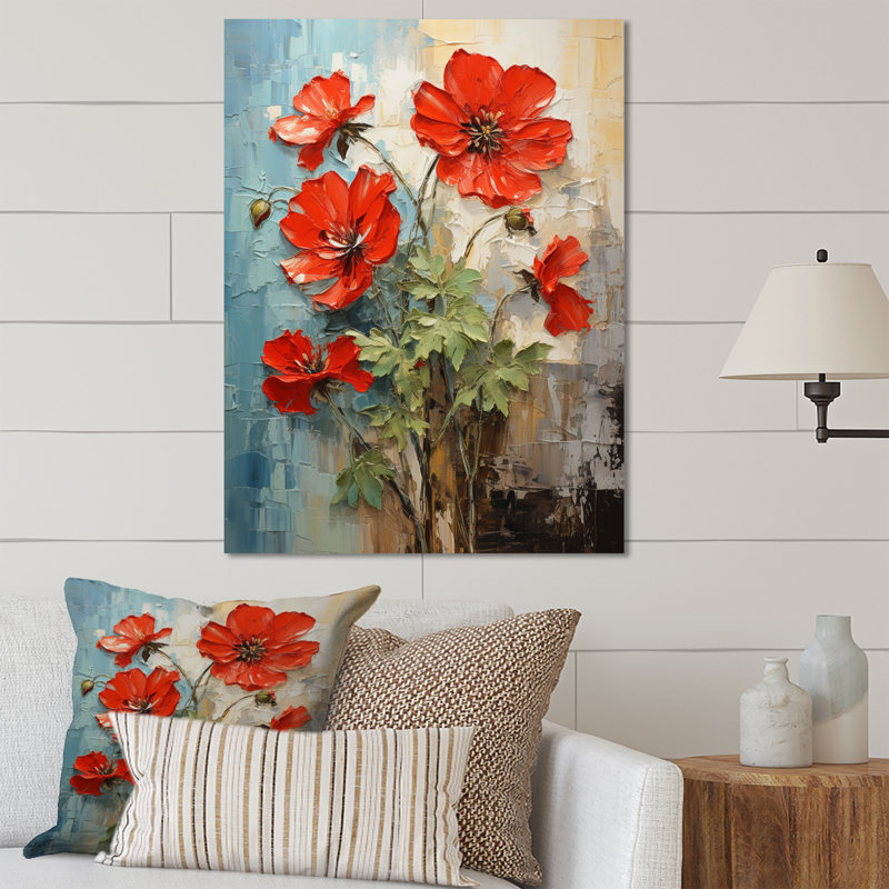 Geraniums rouges écarlate Patchwork II - décoration murale florale et botanique en métal, H 32 po x l 16 po x P 1 po