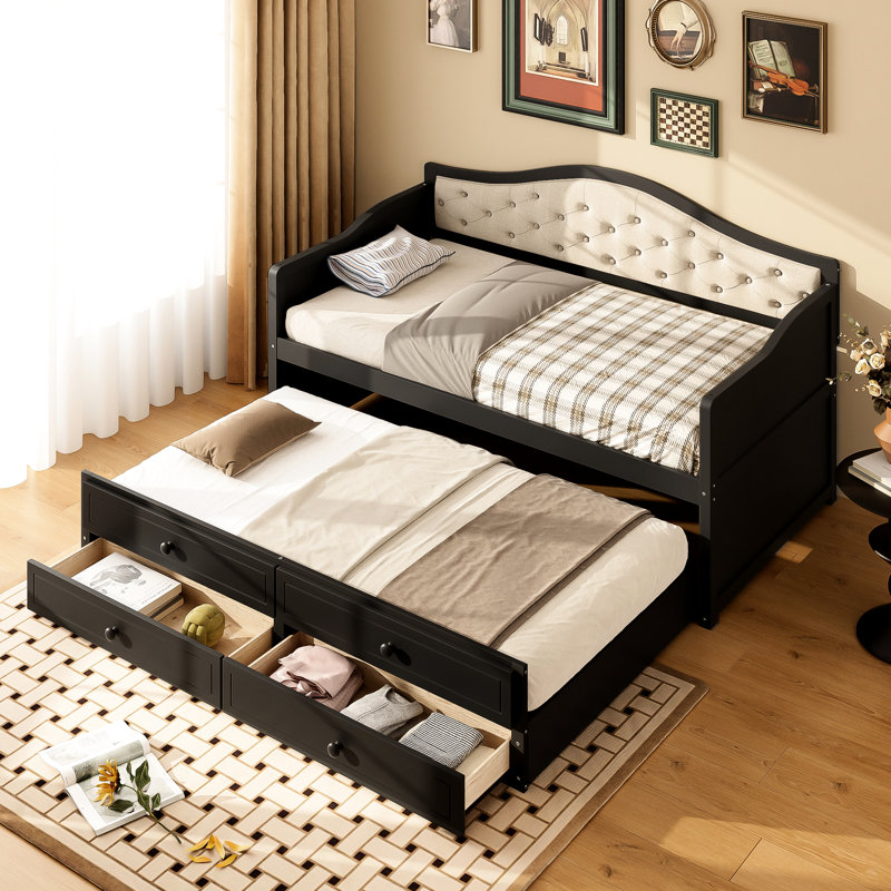Lit simple avec lit gigogne et 2 tiroirs de rangement, dossier capitonné, solution d'espace pour la maison, Noir