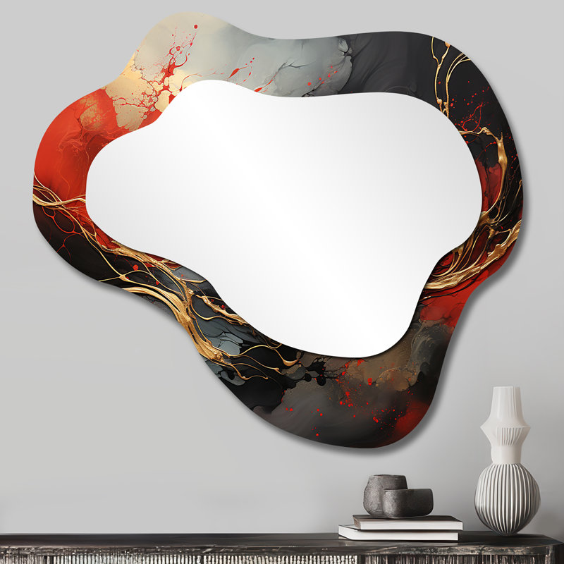 Red and gold marble fire III - Abstract Painting Cloud Large Mirror, Modern Asymmetrical Decorative Wall Mirror, Printed Metal Art