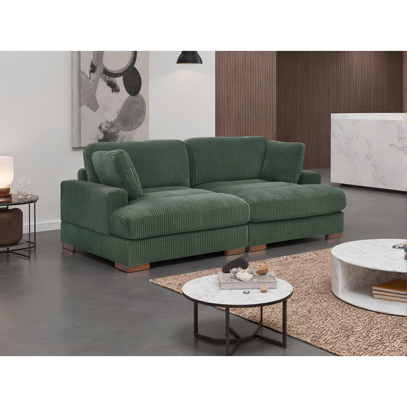 Corduroy Upholstered Modular Sofa With Deep Seating And Wooden Block Legs, Green