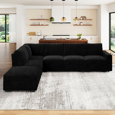 Brunella L Shaped Corduroy Upholstered Sectional Sofa Black