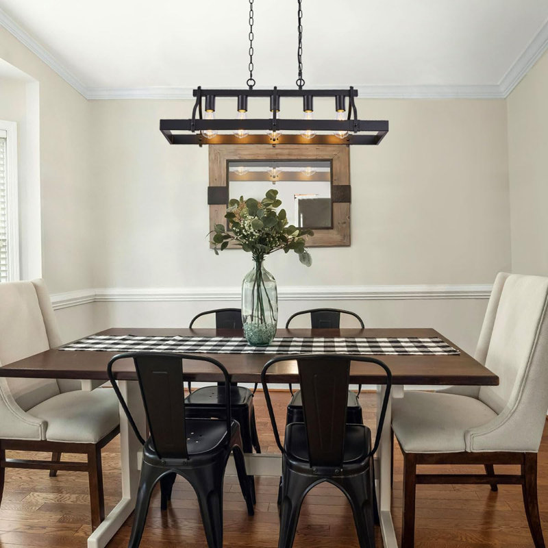 Rustic Farmhouse Chandelier With Wood And Metal Design, 5-Light Linear Ceiling Fixture For Dining Room And Kitchen Island