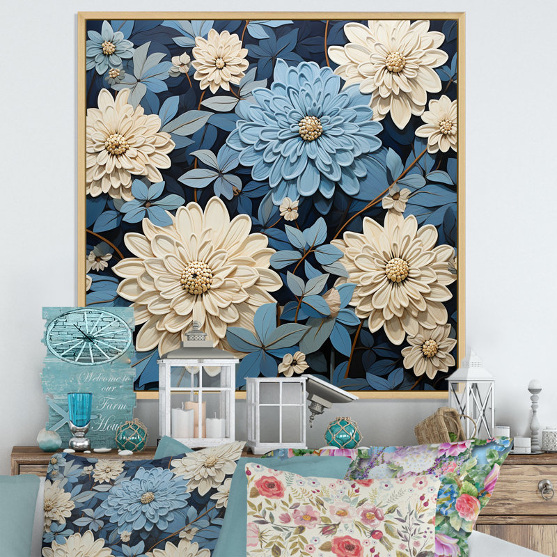 «White and Blue Zinnias Bounty II», reproduction sur toile encadrée, Cadre naturel flottant, 16" H x 16" W